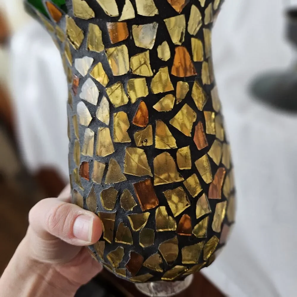 Two Mosaic Hurricane Candle Holder Stained Glass Tiles Bronze Pier 1